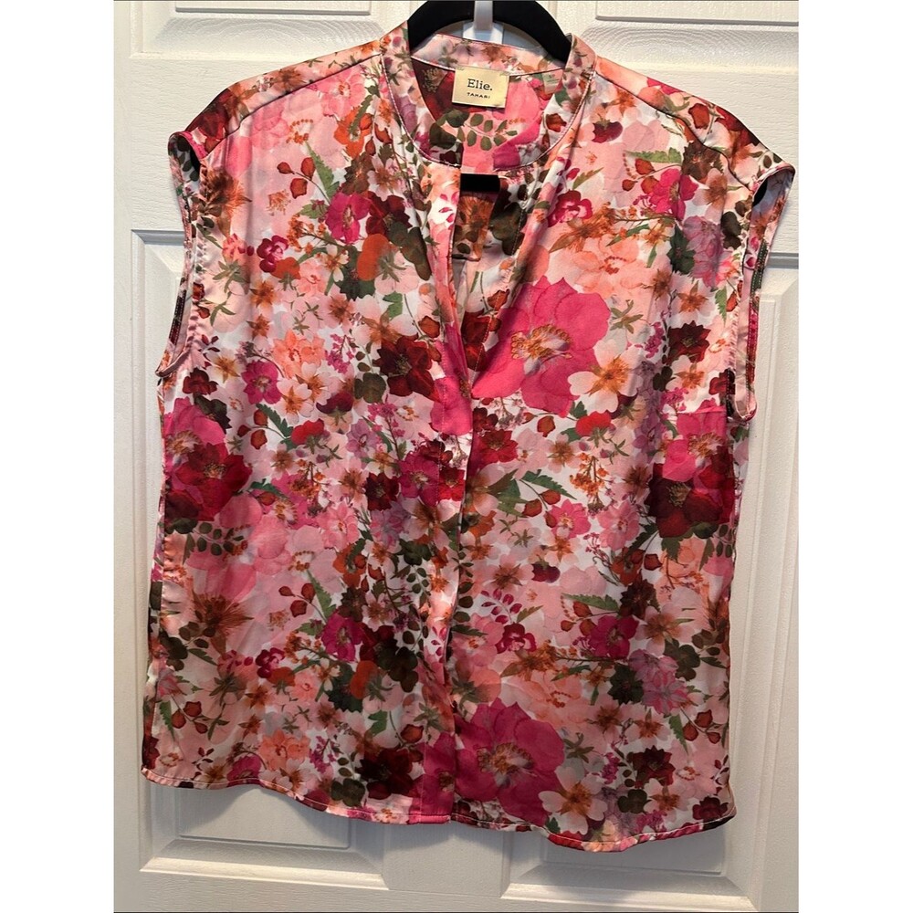 Elie Tahari Pink Floral Split-Neck Button down Satin Sleeveless Top Size Small